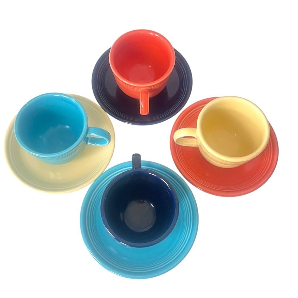 Fiesta Ware 8 Piece Cup Saucer Set 4 Traditional Colors Made USA Retro Art Deco